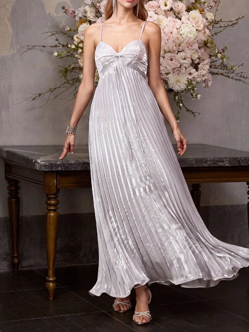 Silver Elegant Women's Premium Bow Bust Pleated Slip Maxi Dress - Picture 2 of 9